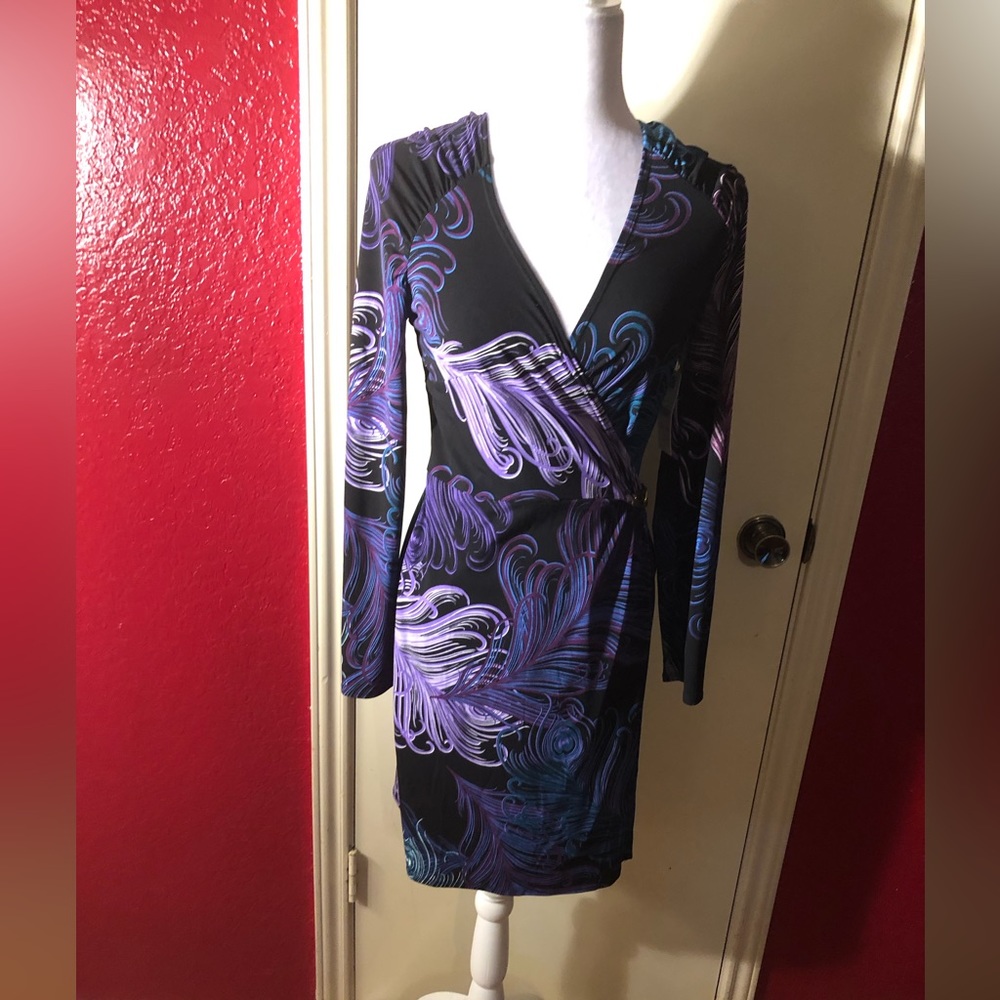 Laundry by Design Long Sleeve Feather Design Wrap Dress